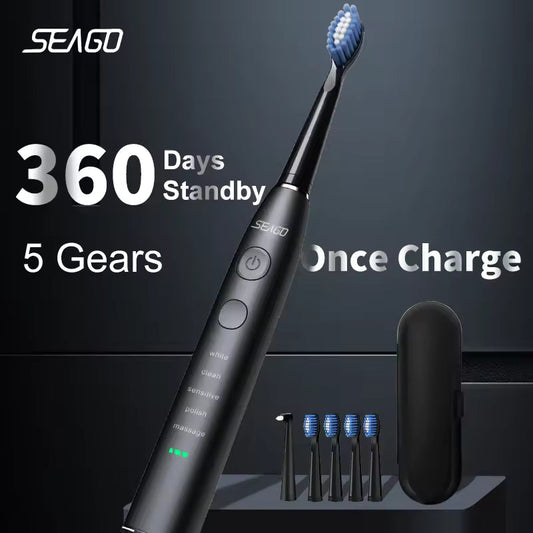 Seago SG-575 Sonic Toothbrush – 360-Day Battery, USB, 4 Heads + Case